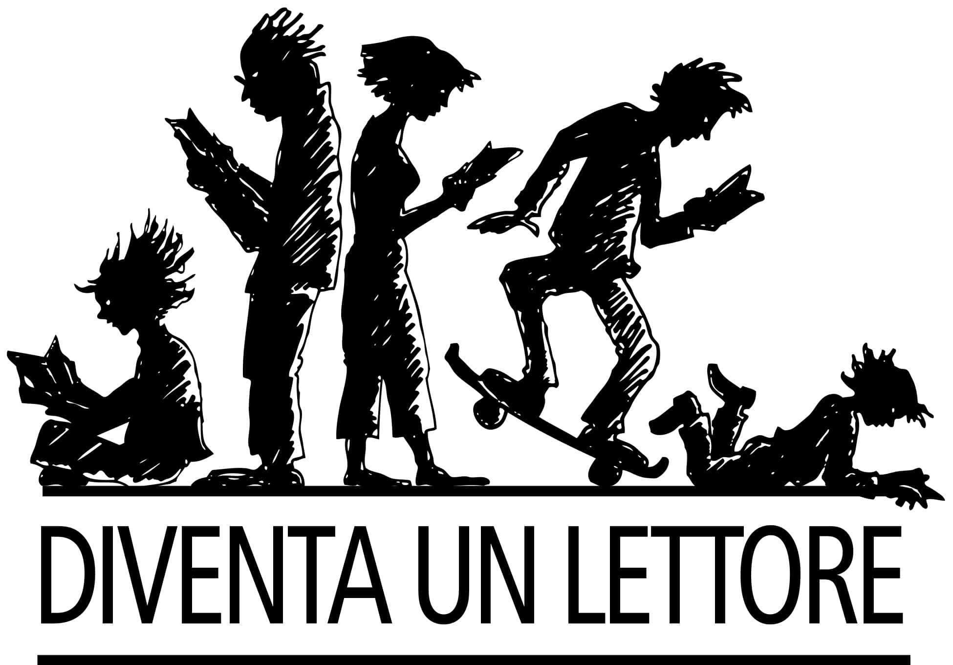 Illustrazione di Andrea Musso: ragazzi che leggono e la scritta Diventa un lettore